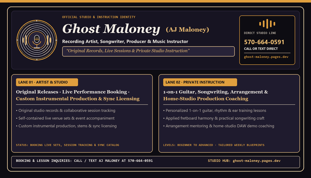 Ghost Maloney Business Card Front — Recording Artist, Songwriter, Producer and Music Instructor